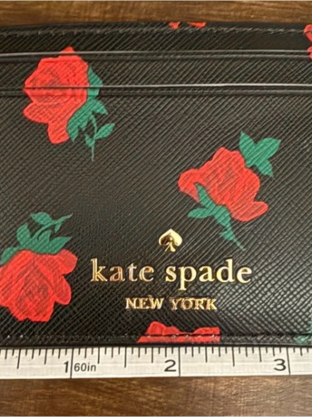 kate spade Black Card & Key Holder with Red Rose Print and Gold Logo